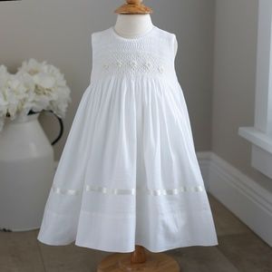 Strasburg Dress White Ivory Cotton Smocked Pearls Girls Size 12 Months LIKE NEW